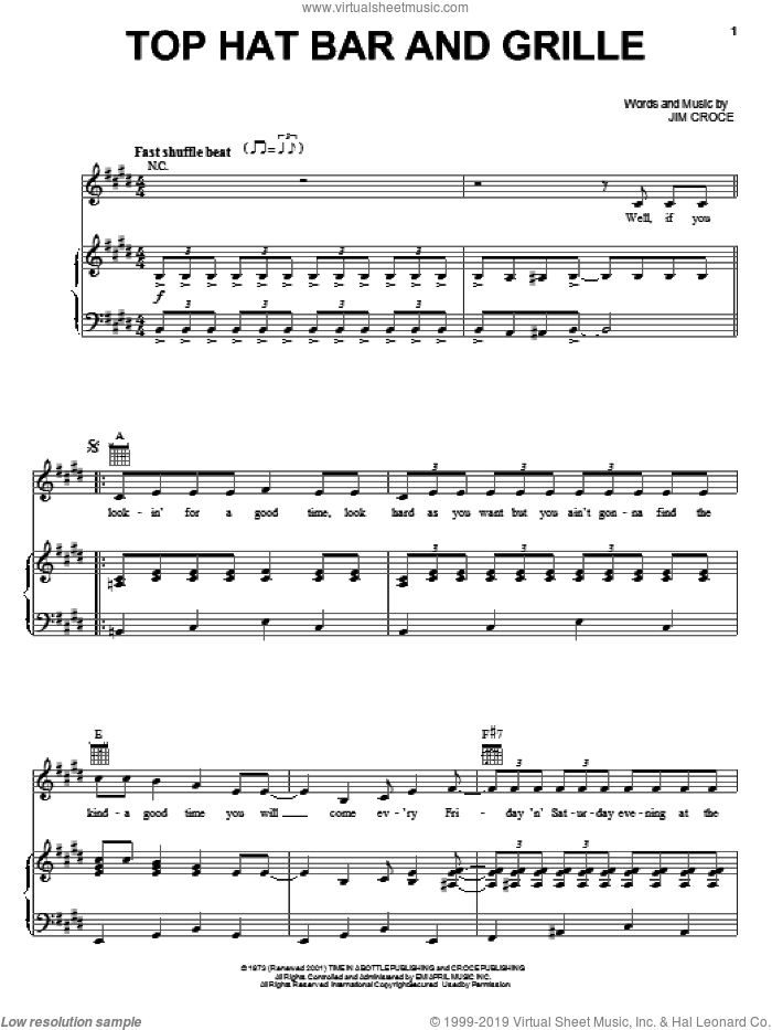 Top Hat Bar And Grille sheet music for voice, piano or guitar by Jim Croce, intermediate skill level