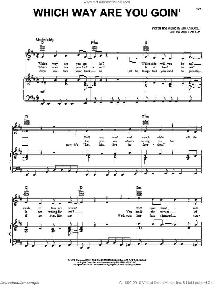 Which Way Are You Goin' sheet music for voice, piano or guitar by Jim Croce, intermediate skill level