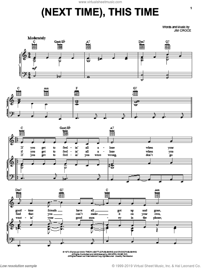 Next Time, This Time sheet music for voice, piano or guitar by Jim Croce, intermediate skill level