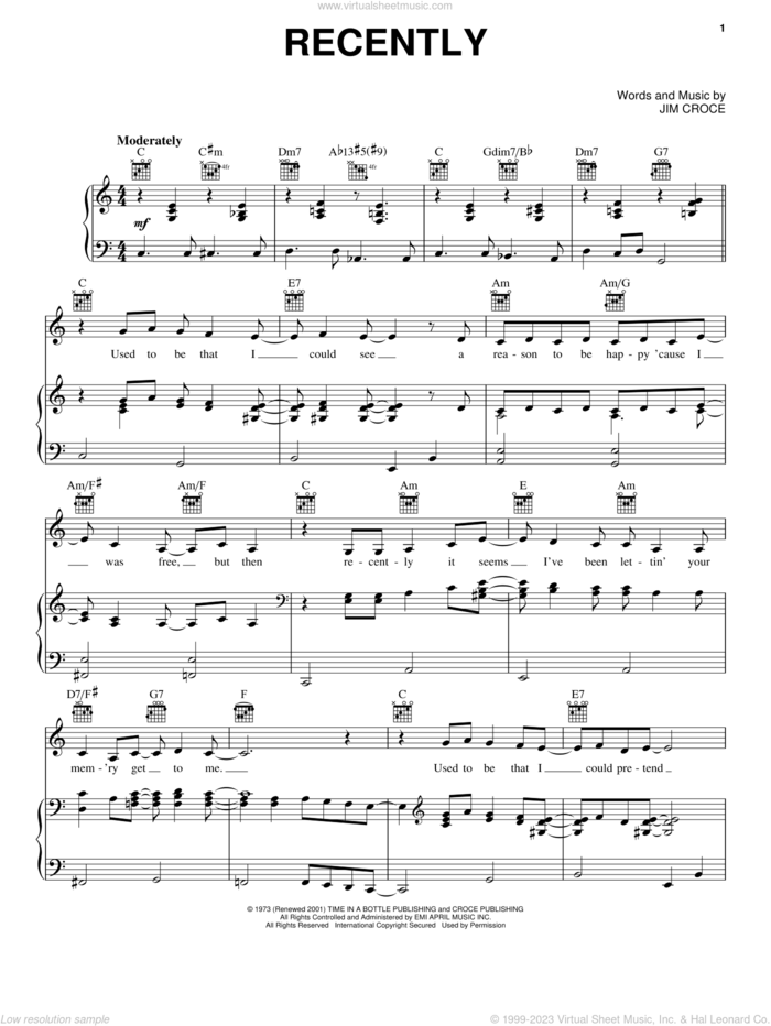 Recently sheet music for voice, piano or guitar by Jim Croce, intermediate skill level