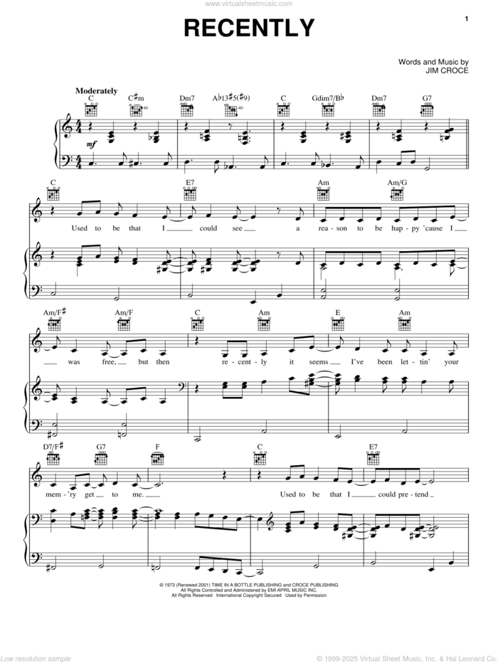 Recently sheet music for voice, piano or guitar by Jim Croce, intermediate skill level