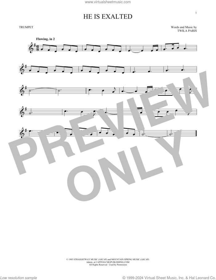 He Is Exalted sheet music for trumpet solo by Twila Paris, intermediate skill level