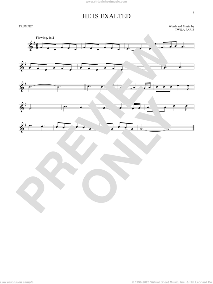 He Is Exalted sheet music for trumpet solo by Twila Paris, intermediate skill level