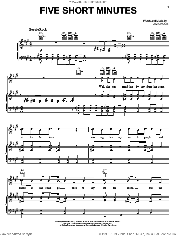 Five Short Minutes sheet music for voice, piano or guitar by Jim Croce, intermediate skill level
