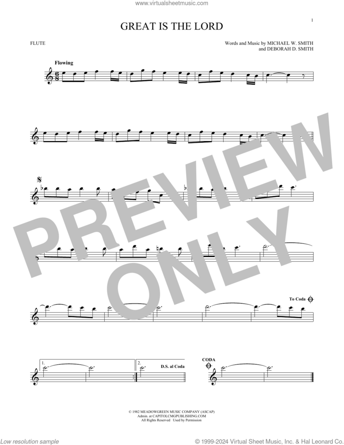 Great Is The Lord sheet music for flute solo by Michael W. Smith and Deborah D. Smith, intermediate skill level