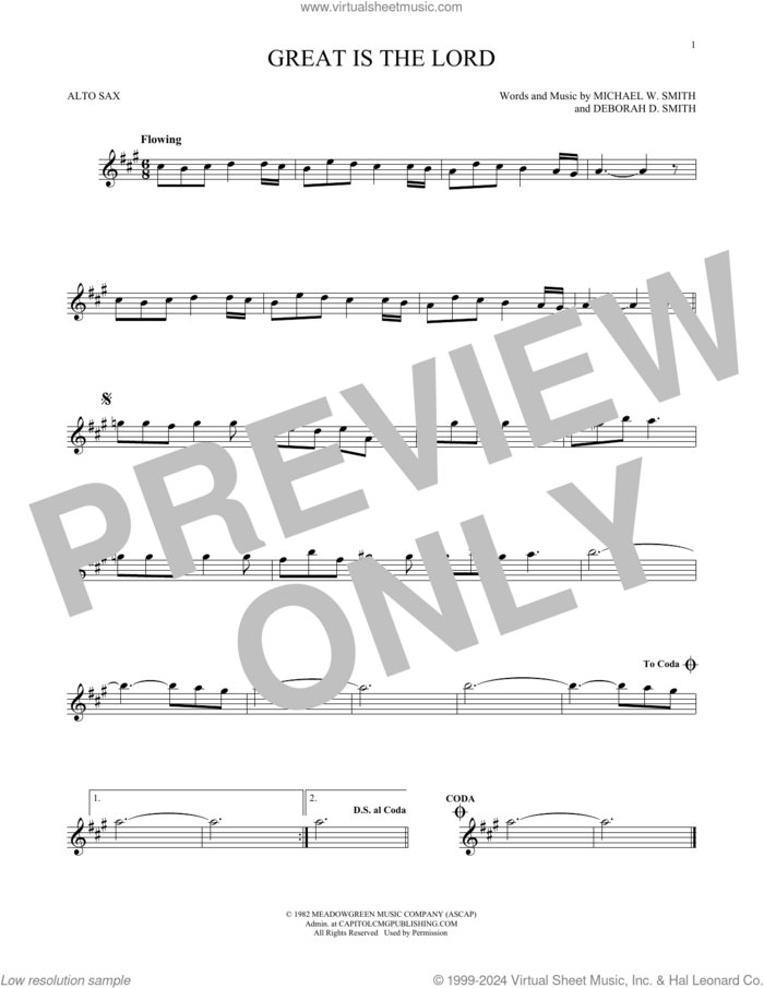 Great Is The Lord sheet music for alto saxophone solo by Michael W. Smith and Deborah D. Smith, intermediate skill level