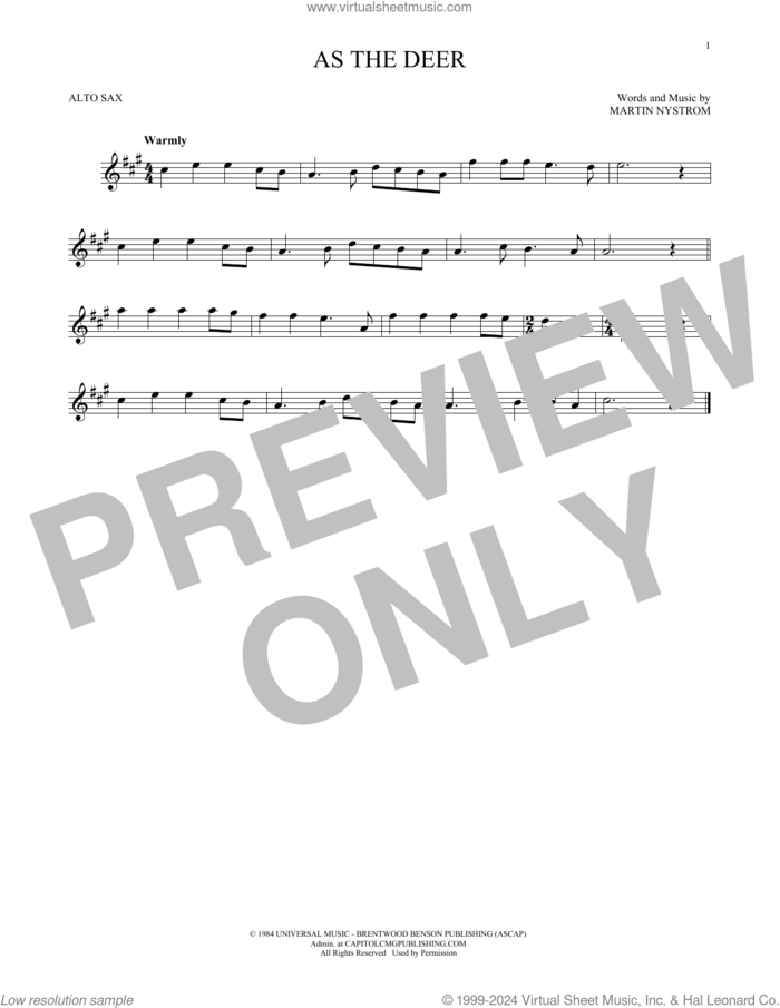 As The Deer sheet music for alto saxophone solo by Martin Nystrom, intermediate skill level