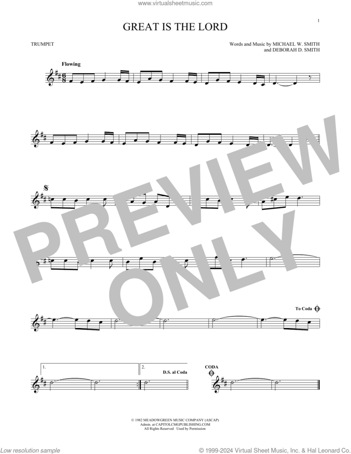 Great Is The Lord sheet music for trumpet solo by Michael W. Smith and Deborah D. Smith, intermediate skill level