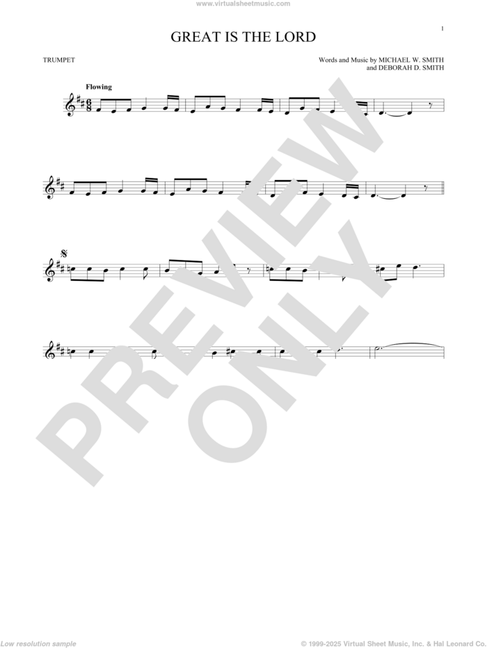 Great Is The Lord sheet music for trumpet solo by Michael W. Smith and Deborah D. Smith, intermediate skill level