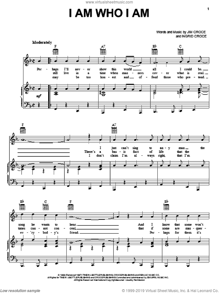 I Am Who I Am sheet music for voice, piano or guitar by Jim Croce, intermediate skill level