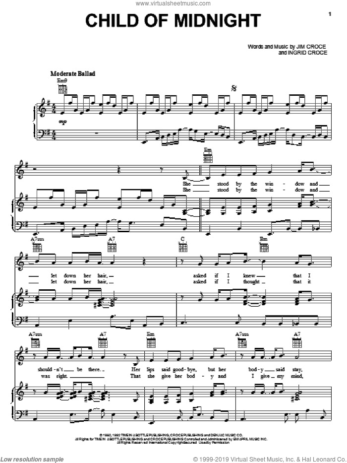 Child Of Midnight sheet music for voice, piano or guitar by Jim Croce, intermediate skill level
