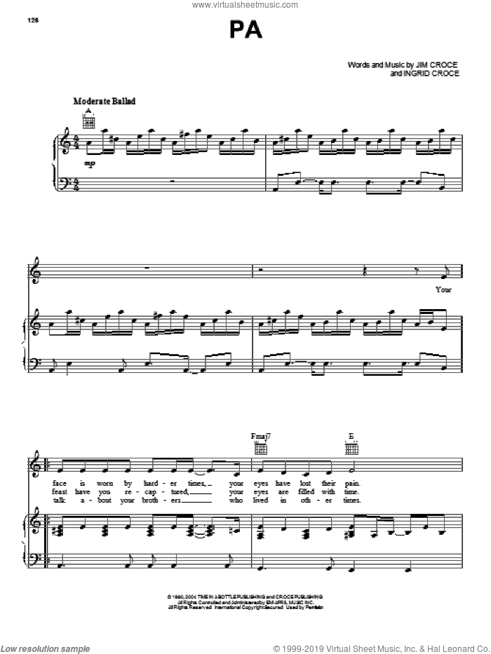 Pa sheet music for voice, piano or guitar by Jim Croce, intermediate skill level