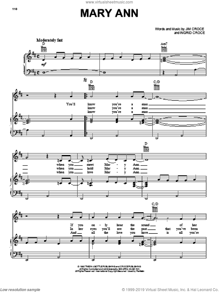 Mary Ann sheet music for voice, piano or guitar by Jim Croce, intermediate skill level