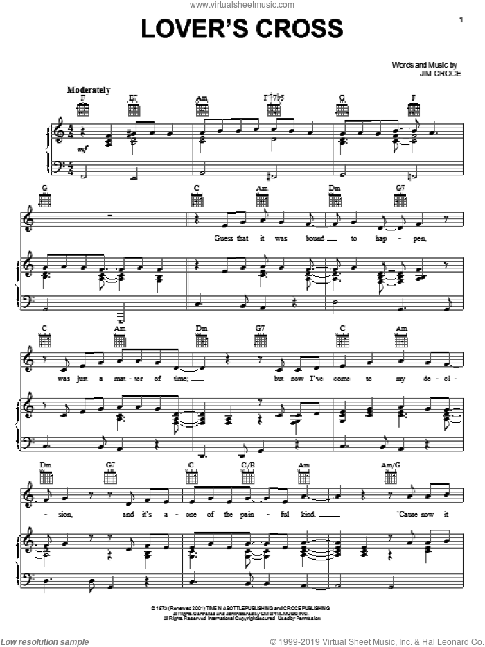 Lover's Cross sheet music for voice, piano or guitar by Jim Croce, intermediate skill level