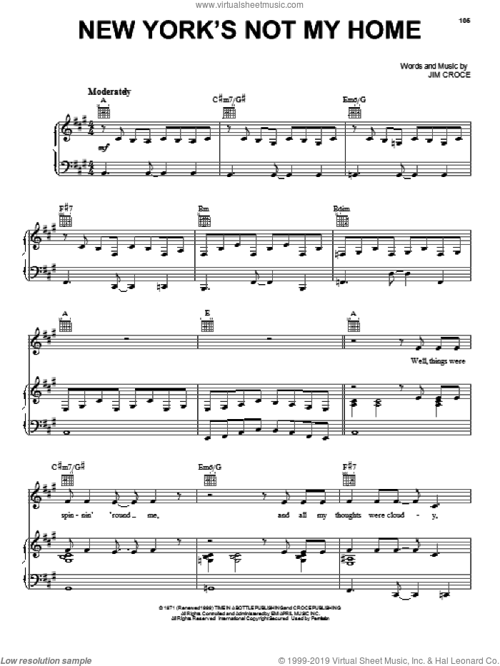 New York's Not My Home sheet music for voice, piano or guitar by Jim Croce, intermediate skill level