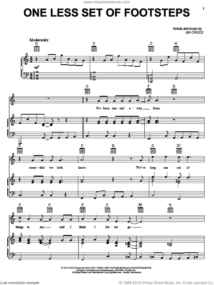 One Less Set Of Footsteps sheet music for voice, piano or guitar by Jim Croce, intermediate skill level