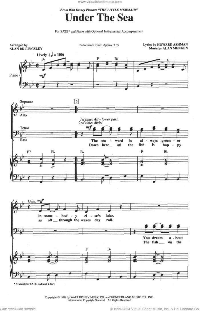Under The Sea (from The Little Mermaid) (arr. Alan Billingsley) sheet music for choir (SATB: soprano, alto, tenor, bass) by Alan Menken, Alan Billingsley and Howard Ashman, intermediate skill level