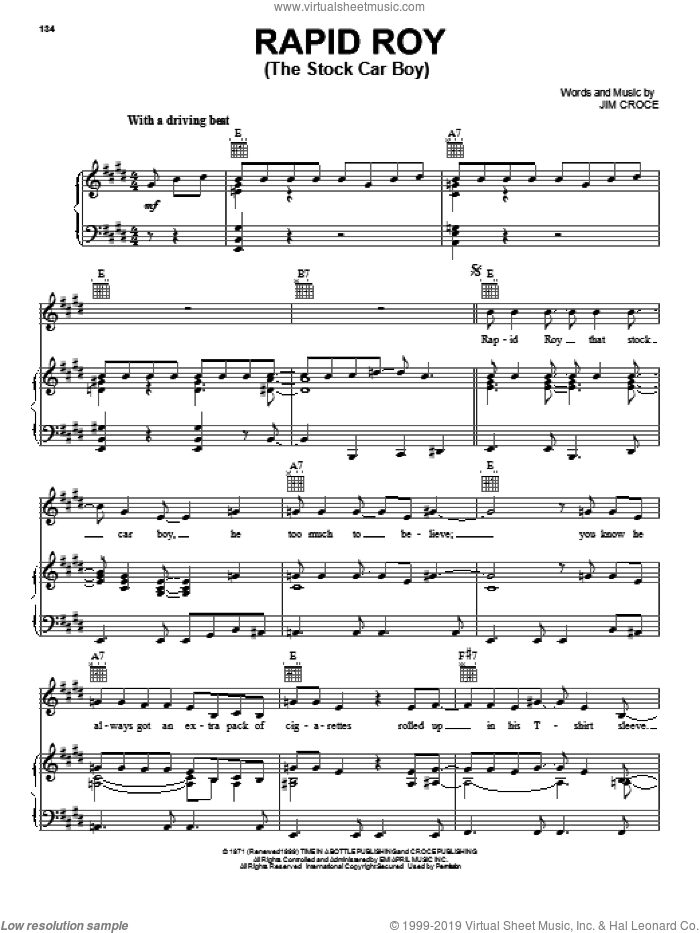 Rapid Roy (The Stock Car Boy) sheet music for voice, piano or guitar by Jim Croce, intermediate skill level