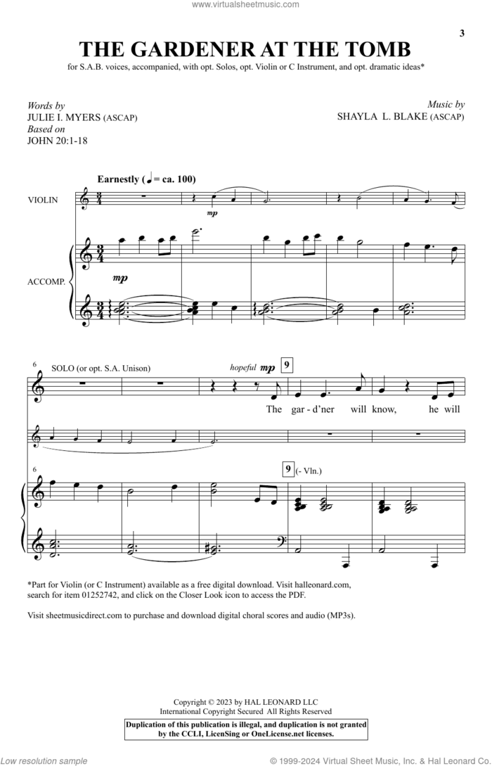 The Gardener At The Tomb sheet music for choir (SAB: soprano, alto, bass) by Julie I. Myers and Shayla L. Blake, intermediate skill level