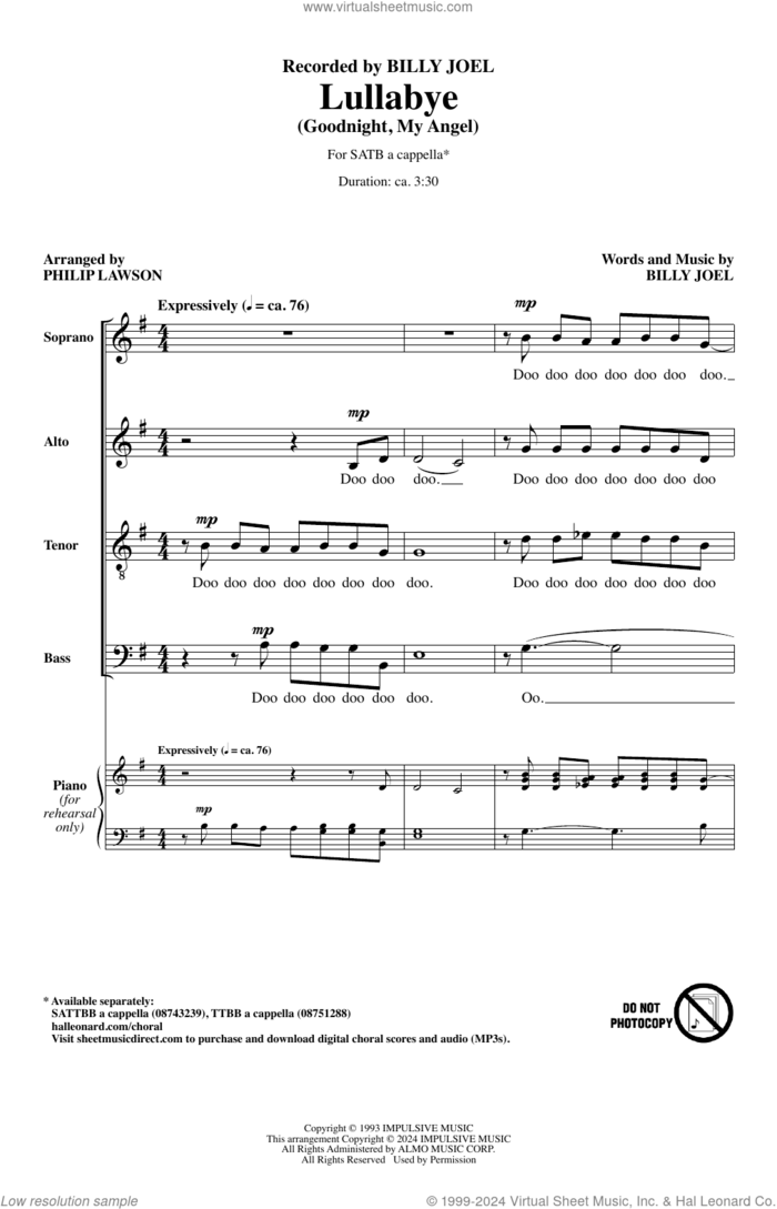 Lullabye (Goodnight, My Angel) (arr. Philip Lawson) sheet music for choir (SATB: soprano, alto, tenor, bass) by Billy Joel and Philip Lawson, intermediate skill level