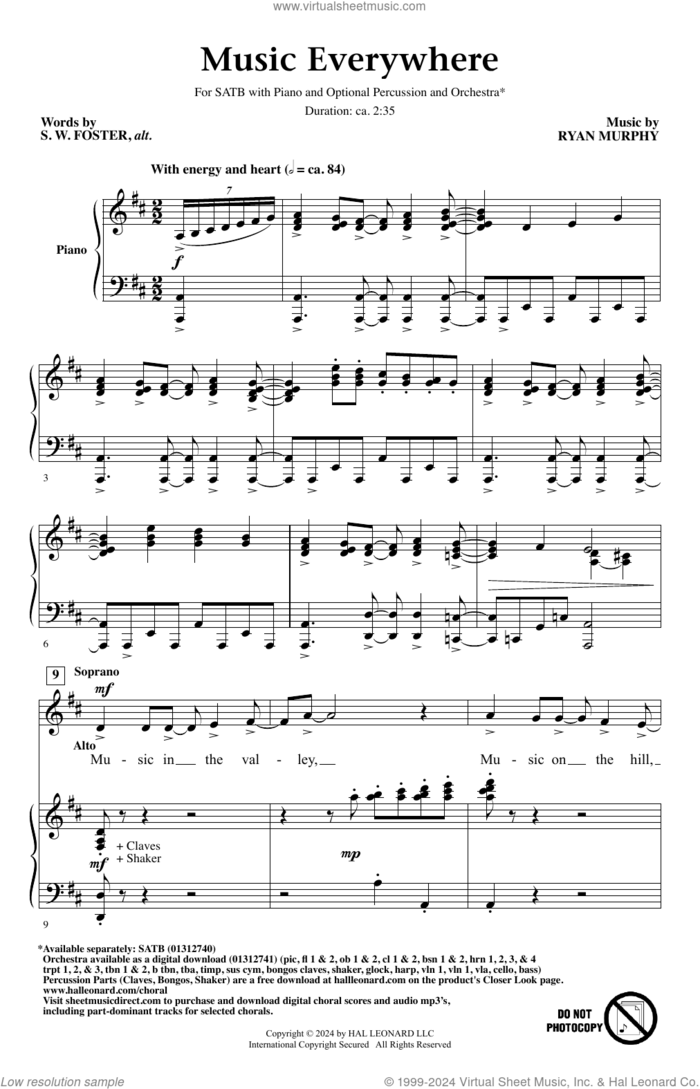 Music Everywhere sheet music for choir (SATB: soprano, alto, tenor, bass) by Ryan Murphy and S.W. Foster, Alt., intermediate skill level