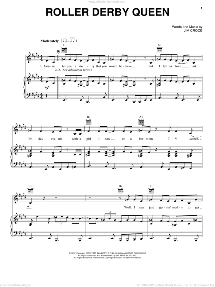 Roller Derby Queen sheet music for voice, piano or guitar by Jim Croce, intermediate skill level