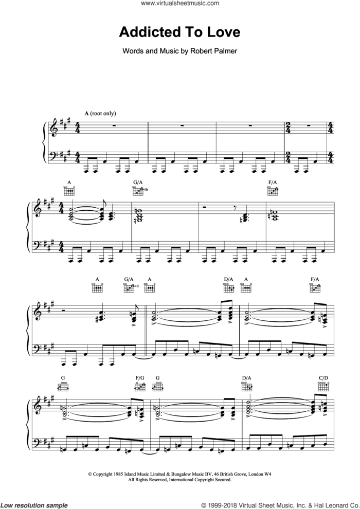 Addicted To Love sheet music for voice, piano or guitar by Robert Palmer, intermediate skill level
