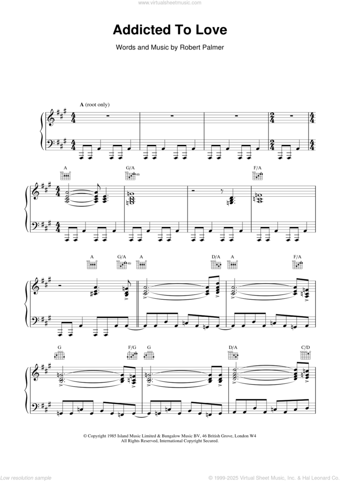 Addicted To Love sheet music for voice, piano or guitar by Robert Palmer, intermediate skill level