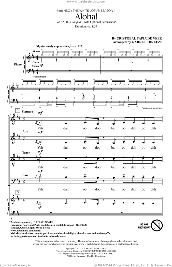 Aloha! (arr. Garrett Breeze) sheet music for choir (SATB: soprano, alto, tenor, bass) by Cristobal Tapia de Veer and Garrett Breeze, intermediate skill level