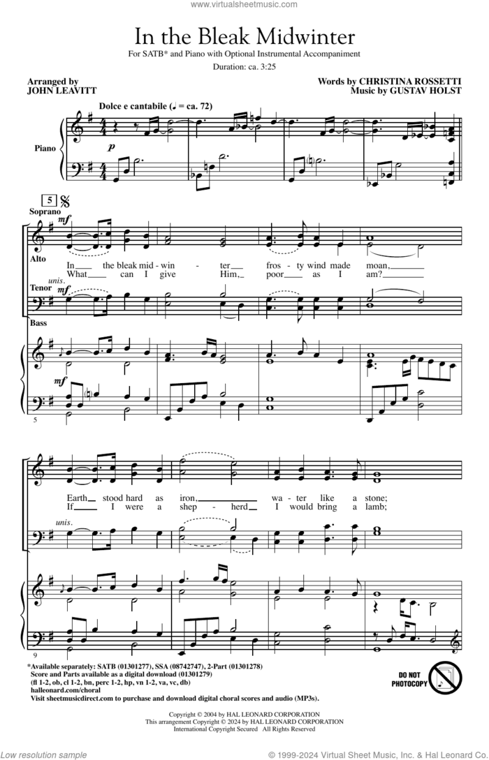 In The Bleak Midwinter (arr. John Leavitt) sheet music for choir (SATB: soprano, alto, tenor, bass) by Gustav Holst, John Leavitt and Christina Rossetti, intermediate skill level