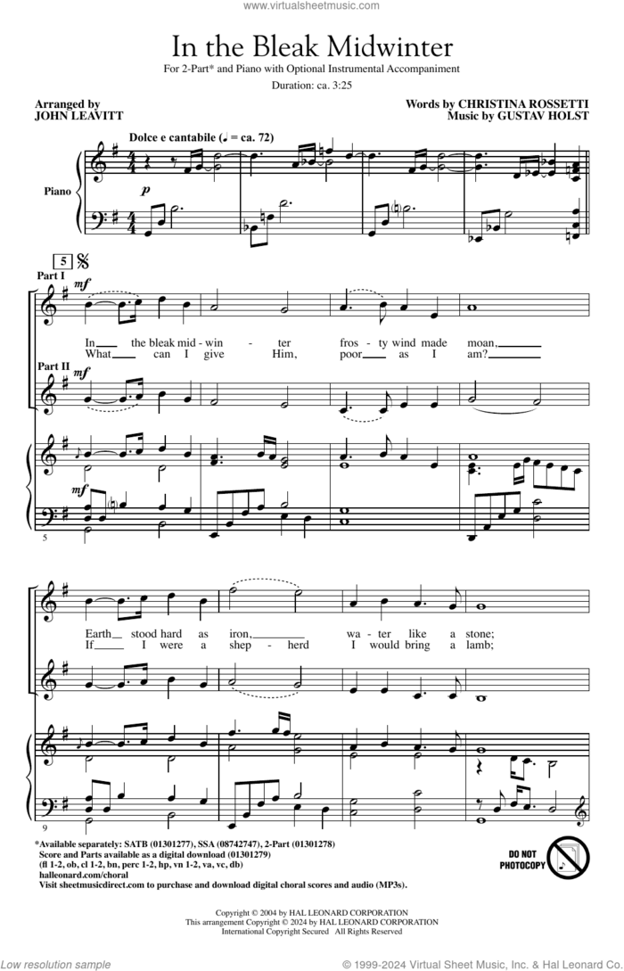 In The Bleak Midwinter (arr. John Leavitt) sheet music for choir (2-Part) by Gustav Holst, John Leavitt and Christina Rossetti, intermediate duet