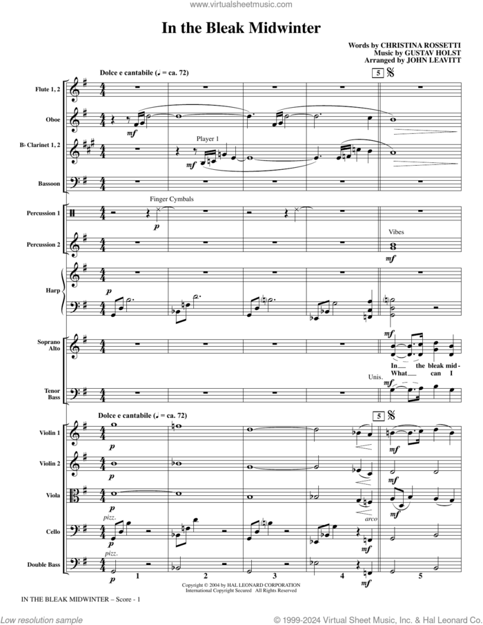 In The Bleak Midwinter (arr. John Leavitt) (COMPLETE) sheet music for orchestra/band by John Leavitt, Christina Rossetti and Gustav Holst, intermediate skill level