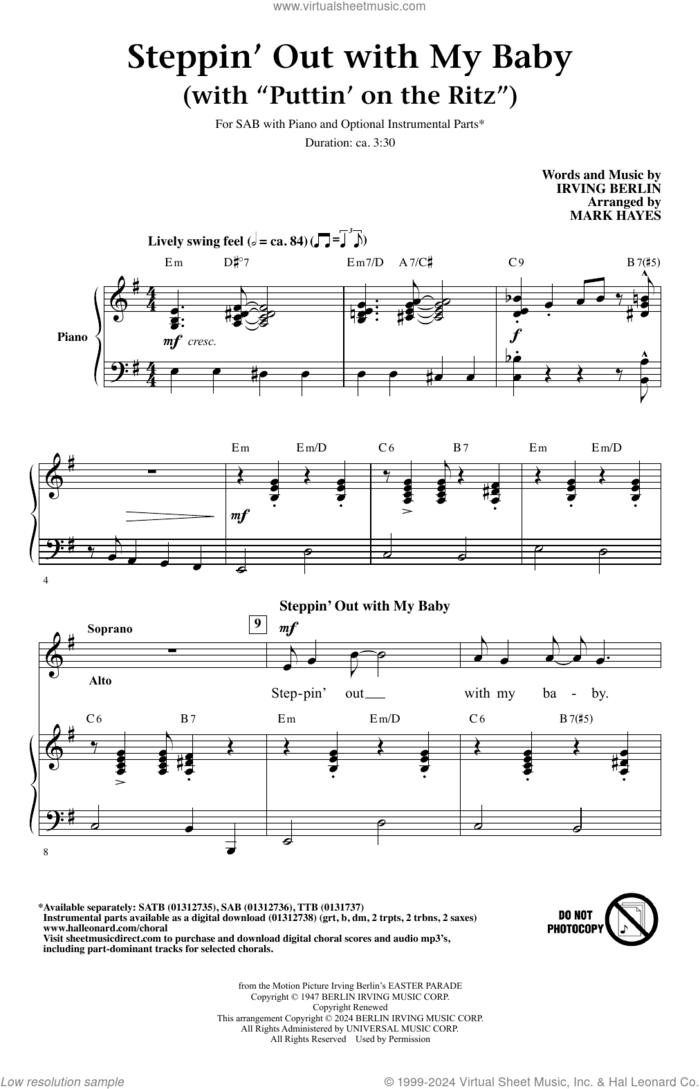 Steppin' Out With My Baby (with 'Puttin' On The Ritz') (arr. Mark Hayes) sheet music for choir (SAB: soprano, alto, bass) by Irving Berlin and Mark Hayes, intermediate skill level