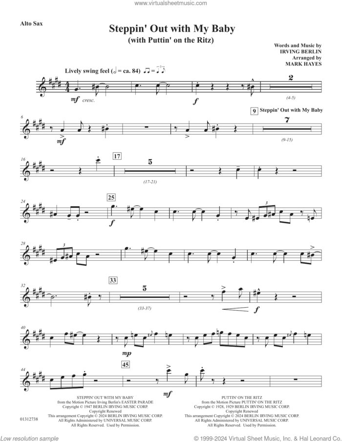 Steppin' Out With My Baby (with 'Puttin' On The Ritz') sheet music for orchestra/band (alto sax) by Irving Berlin and Mark Hayes, intermediate skill level