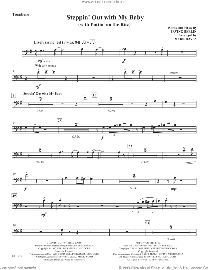 Steppin' Out With My Baby (with 'Puttin' On The Ritz') sheet music for orchestra/band (trombone) by Irving Berlin and Mark Hayes, intermediate skill level
