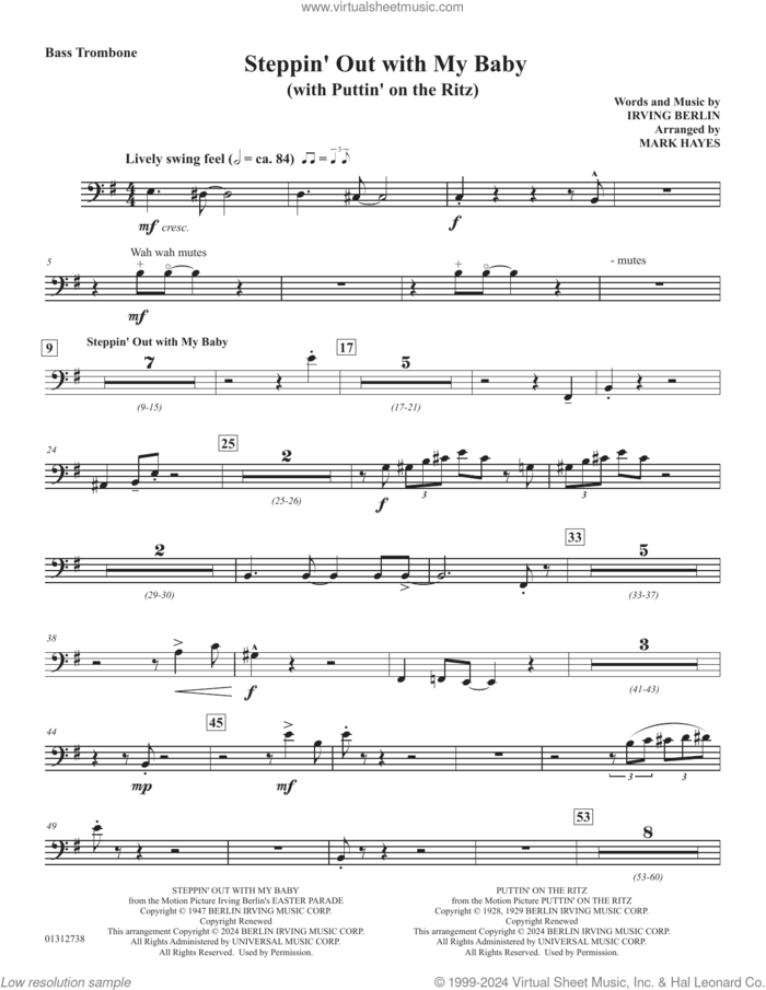 Steppin' Out With My Baby (with 'Puttin' On The Ritz') sheet music for orchestra/band (bass trombone) by Irving Berlin and Mark Hayes, intermediate skill level