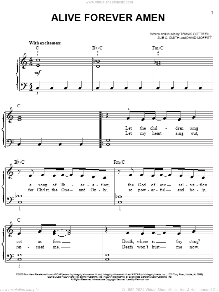 Alive Forever Amen sheet music for piano solo by Travis Cottrell, David Moffitt and Sue C. Smith, easy skill level