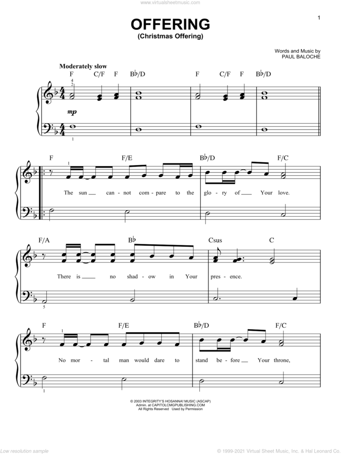 Offering sheet music for piano solo by Paul Baloche, easy skill level