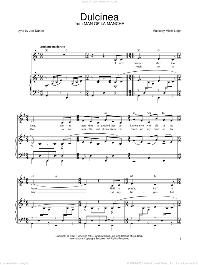 Dulcinea sheet music for voice, piano or guitar by Joe Darion, Man Of La Mancha (Musical) and Mitch Leigh, intermediate skill level