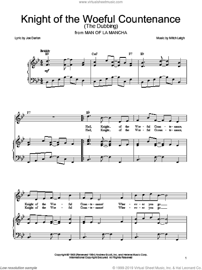 Knight Of The Woeful Countenance (The Dubbing) sheet music for voice, piano or guitar by Joe Darion, Man Of La Mancha (Musical) and Mitch Leigh, intermediate skill level