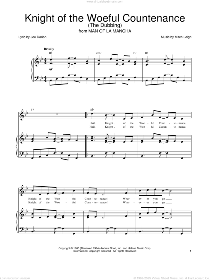 Knight Of The Woeful Countenance (The Dubbing) sheet music for voice, piano or guitar by Joe Darion, Man Of La Mancha (Musical) and Mitch Leigh, intermediate skill level