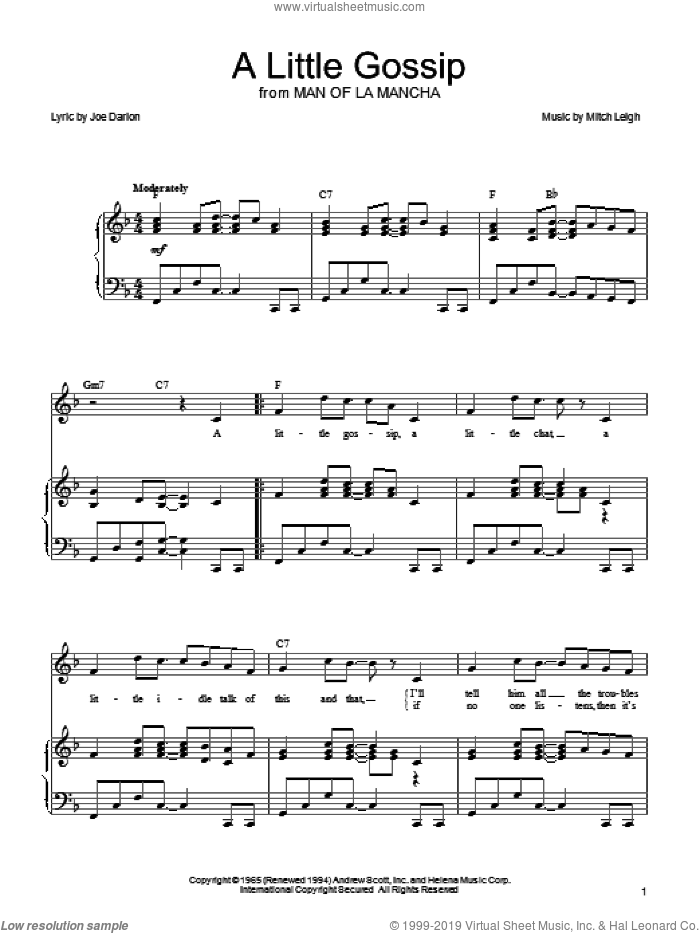 A Little Gossip sheet music for voice, piano or guitar by Joe Darion, Man Of La Mancha (Musical) and Mitch Leigh, intermediate skill level