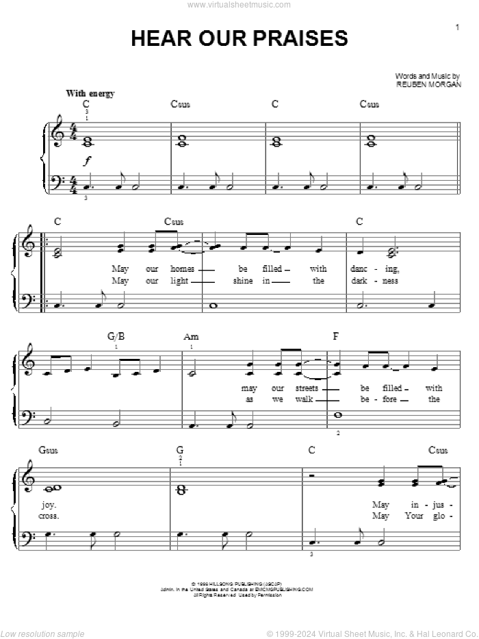 Hear Our Praises sheet music for piano solo by Reuben Morgan, easy skill level