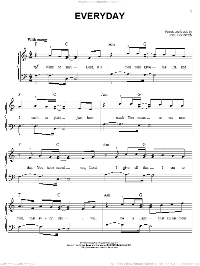 Everyday sheet music for piano solo by Phillips, Craig & Dean, Hillsong United and Joel Houston, easy skill level
