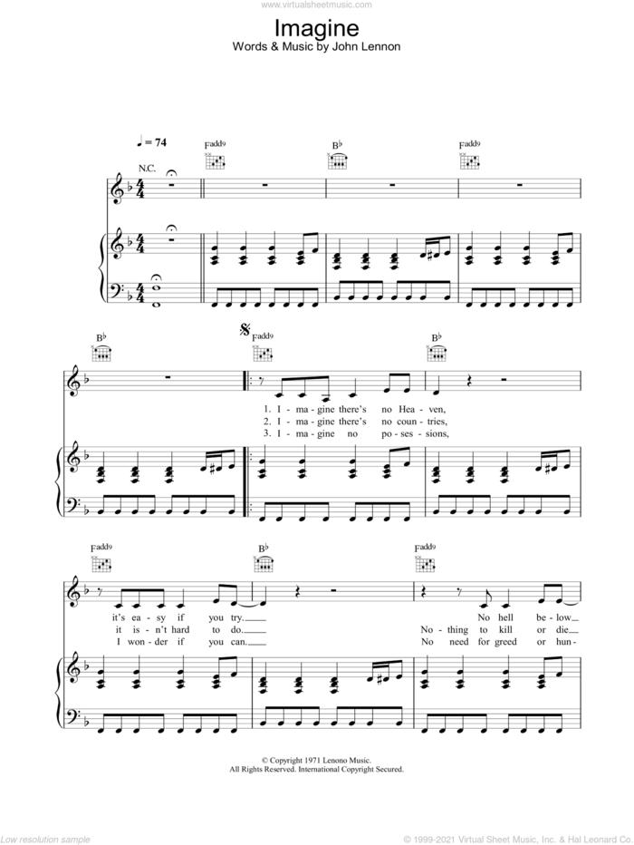 Imagine sheet music for voice, piano or guitar by Alex Parks and John Lennon, intermediate skill level