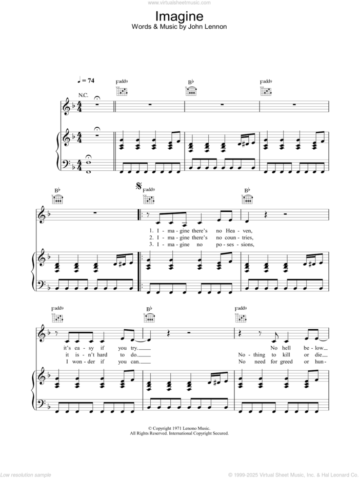 Imagine sheet music for voice, piano or guitar by Alex Parks and John Lennon, intermediate skill level