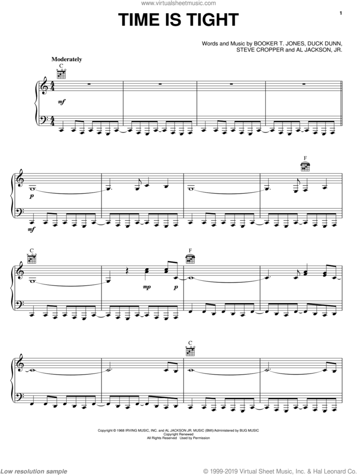 Time Is Tight sheet music for piano solo by Booker T. & The MG's, Al Jackson, Jr., Booker T. Jones, Duck Dunn and Steve Cropper, intermediate skill level