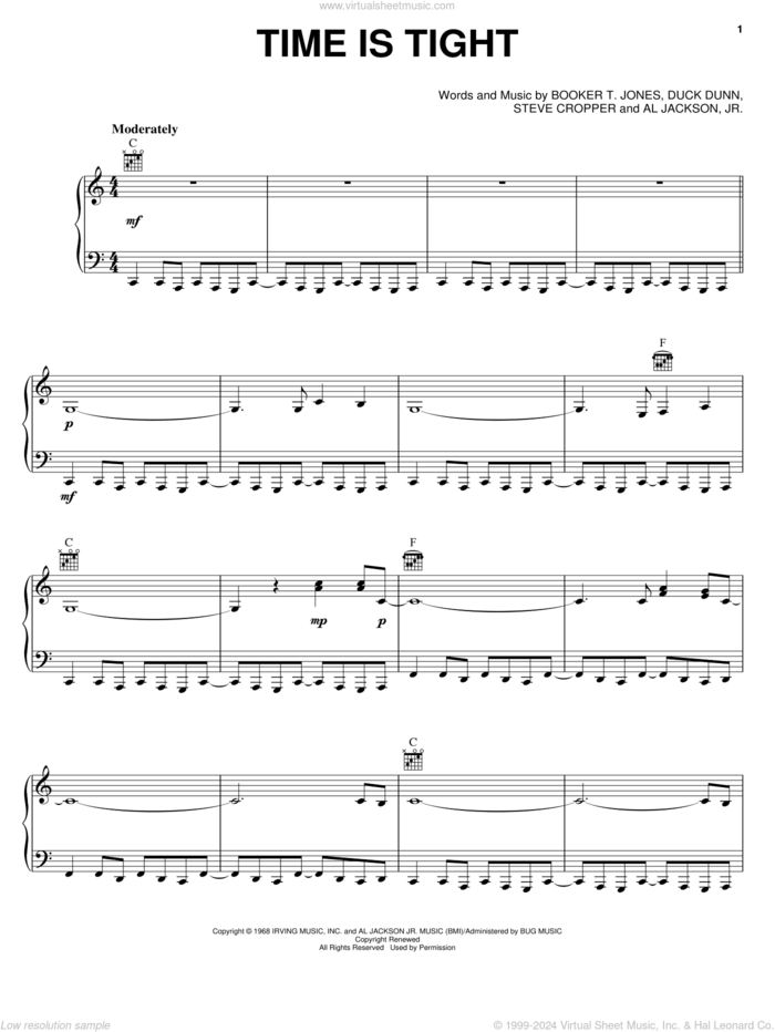 Time Is Tight sheet music for piano solo by Booker T. & The MG's, Al Jackson, Jr., Booker T. Jones, Duck Dunn and Steve Cropper, intermediate skill level