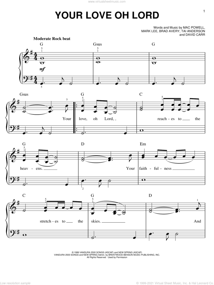 Your Love Oh Lord sheet music for piano solo by Third Day, Brad Avery, David Carr, Mac Powell, Mark Lee and Tai Anderson, easy skill level