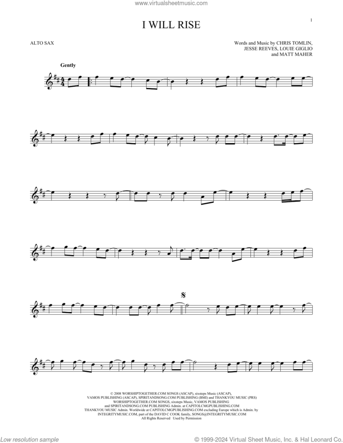 I Will Rise sheet music for alto saxophone solo by Chris Tomlin, Jesse Reeves, Louis Giglio and Matt Maher, intermediate skill level
